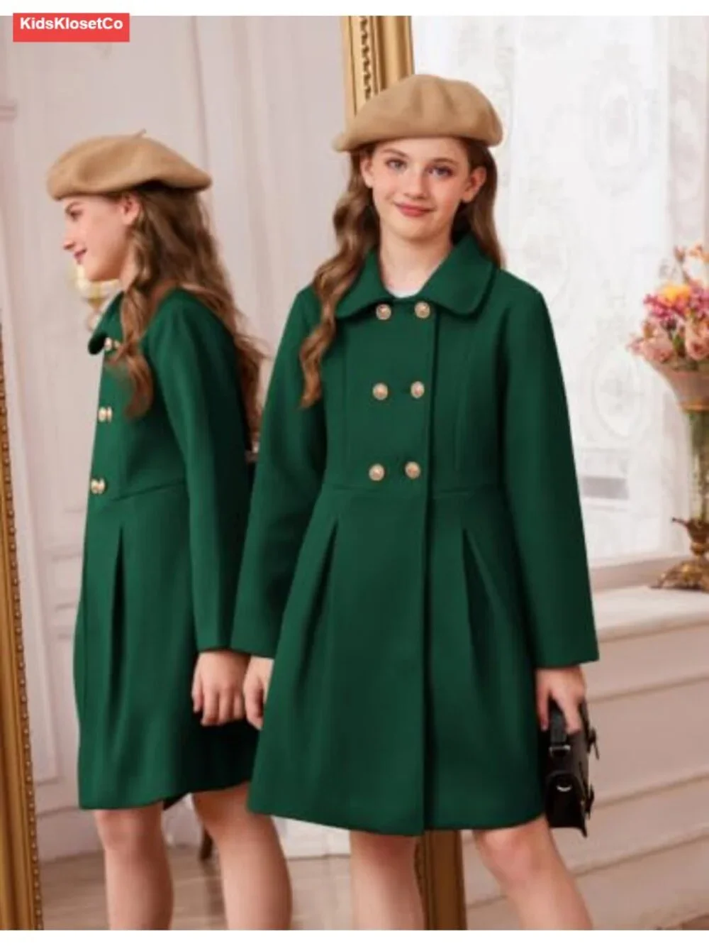 Girls Wool Peacoat Double-Breasted Coat with Notched Lapel & Pockets Sizes 6-14